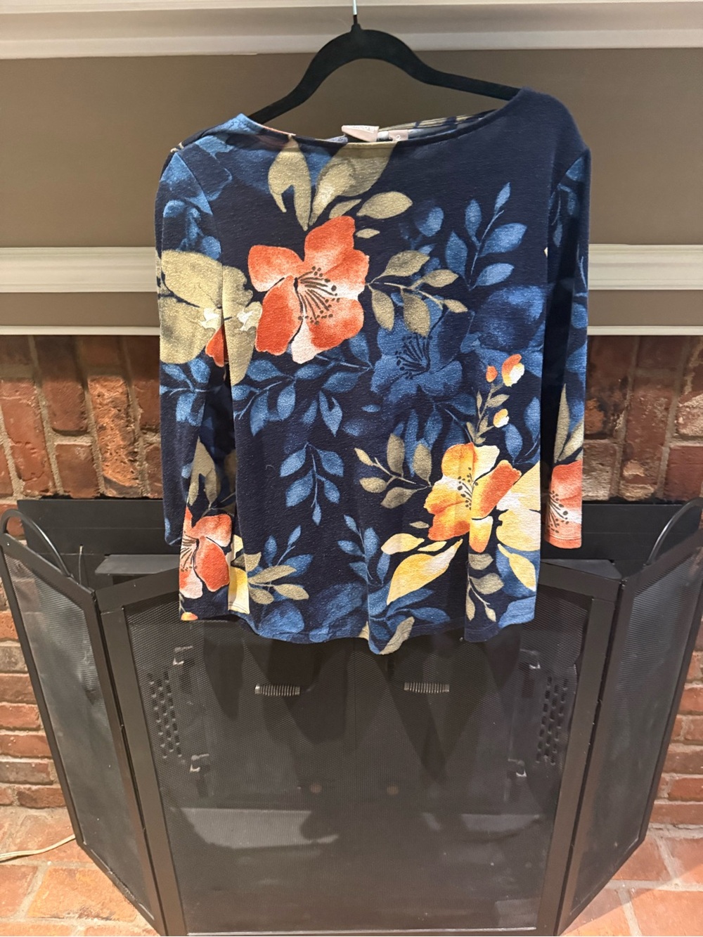 Chico's Vibrant Floral Knit Top Size 2 Navy Blue Orange Yellow Long Sleeve